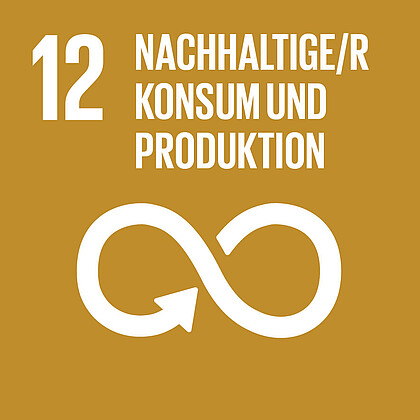 Goldenes Quadrat mit weißer Schrift: „Nachhaltiger Konsum und Produktion“. Darunter in weiß ein Unendlichkeitszeichen.
